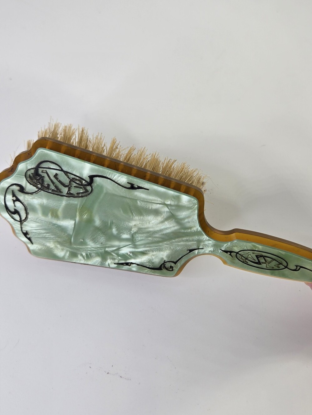 VTG Art Deco Green Pearlized Celluloid Vanity Hair Brush 1920s 30s  9" Art Nuvou - Picture 4 of 13